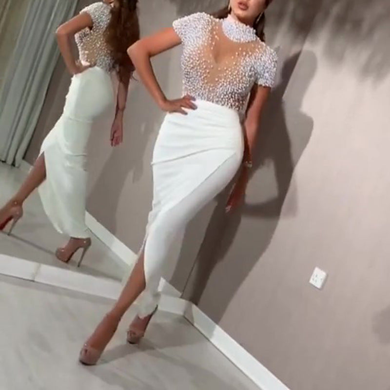 Damen Elegantes Kleid mit transparenten Puffärmeln und Perlenakzenten Drune
