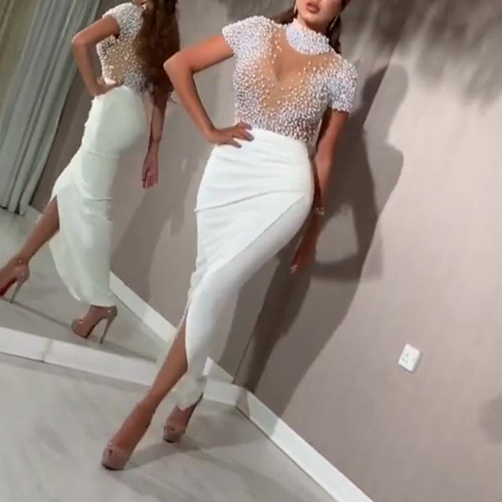 Damen Elegantes Kleid mit transparenten Puffärmeln und Perlenakzenten Drune