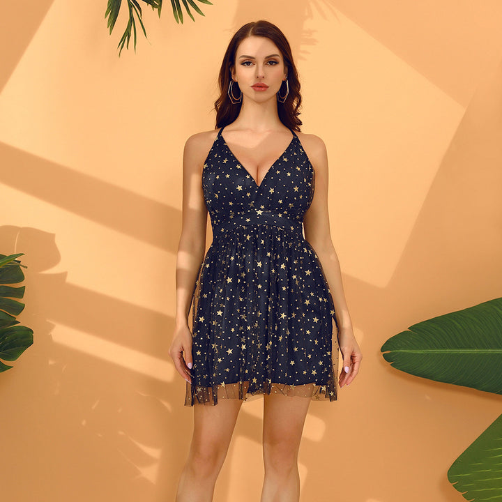 Damen Sommerliches Kleid mit tiefem V-Ausschnitt und filigranem Sternemuster Drune