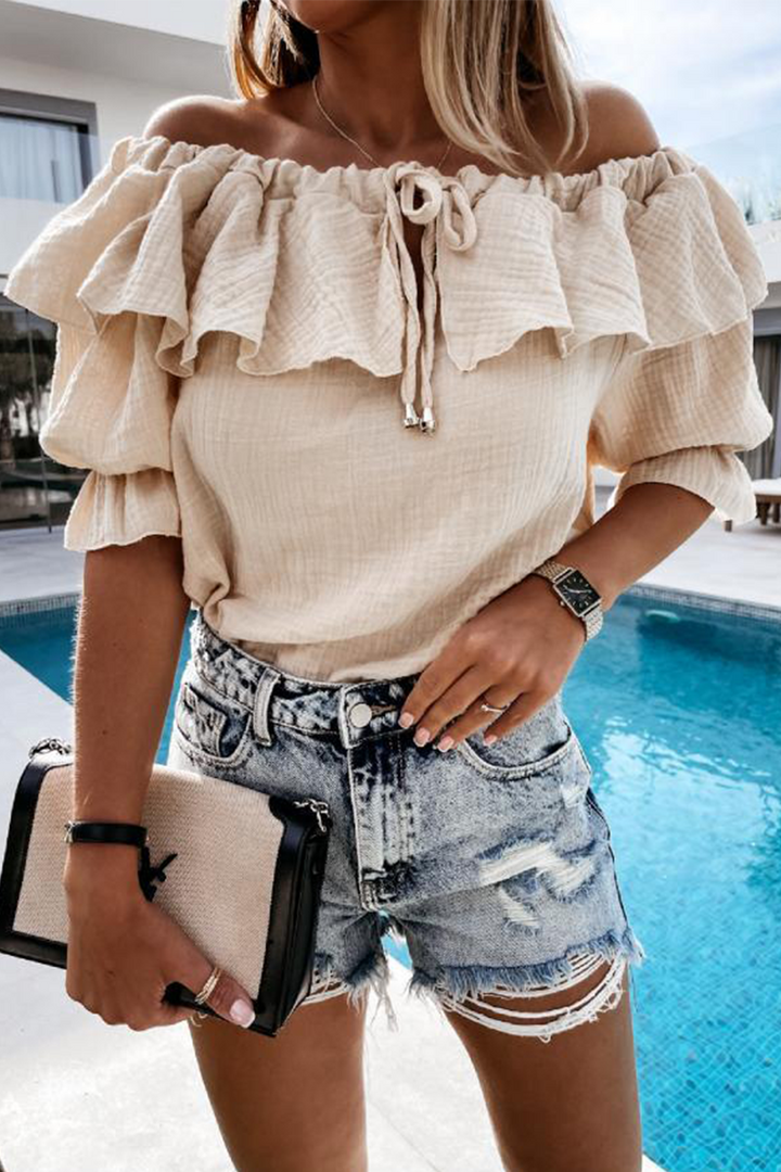 Drune | Lässig Street Solid Frenulum Flounce Off The Shoulder Blusen