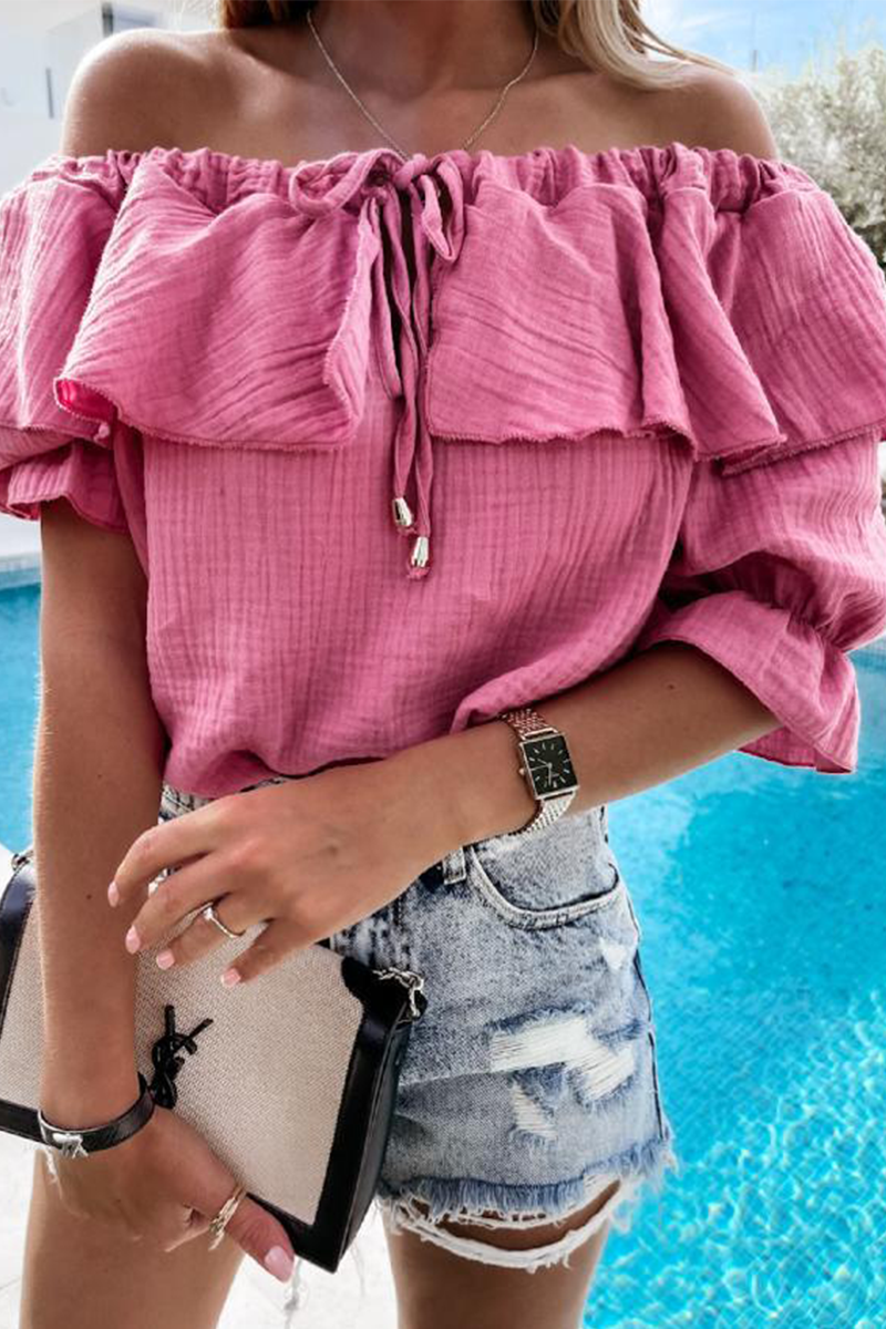 Drune | Lässig Street Solid Frenulum Flounce Off The Shoulder Blusen