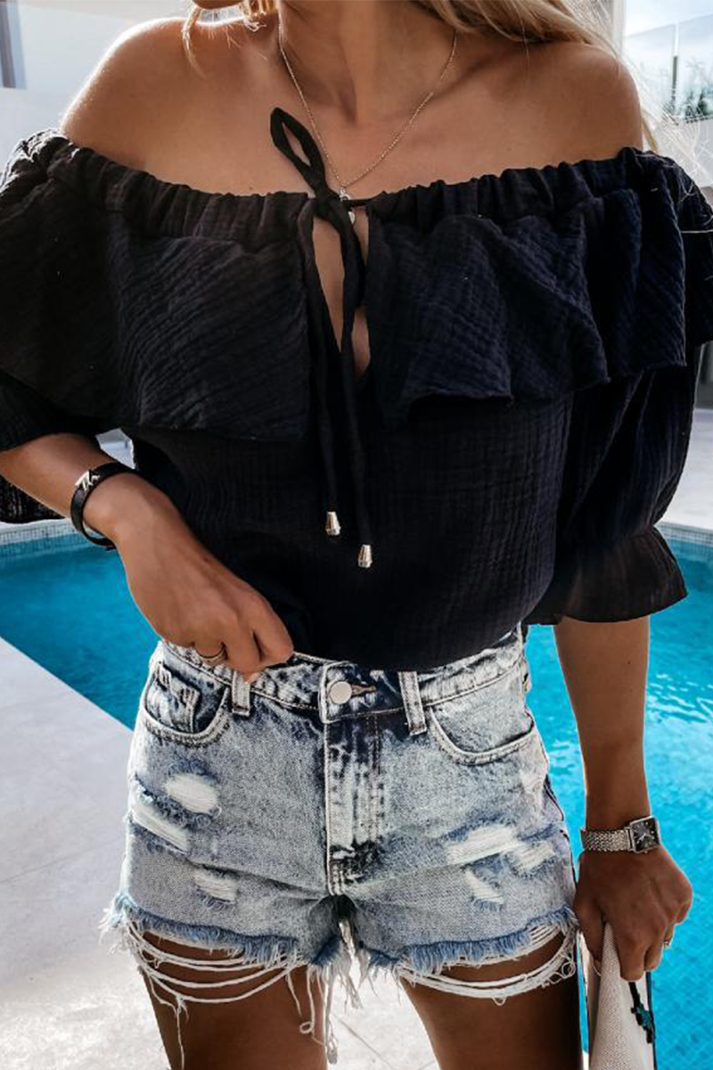 Drune | Lässig Street Solid Frenulum Flounce Off The Shoulder Blusen