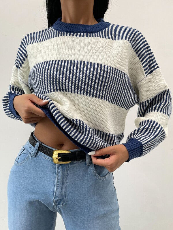 Drune | Lässiger Blauer Gestreifter Pullover Für Frauen