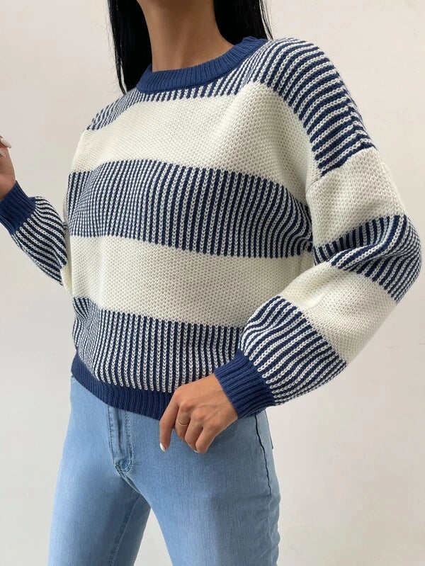Drune | Lässiger Blauer Gestreifter Pullover Für Frauen