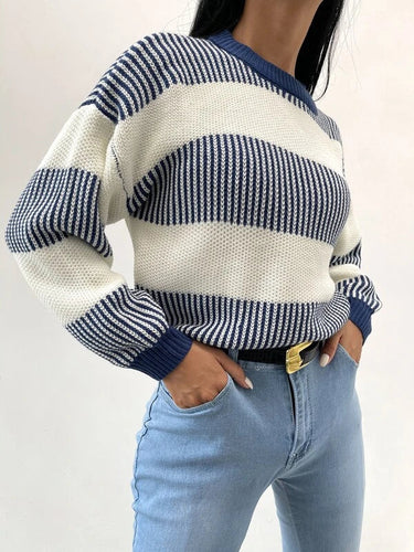 Drune | Lässiger Blauer Gestreifter Pullover Für Frauen