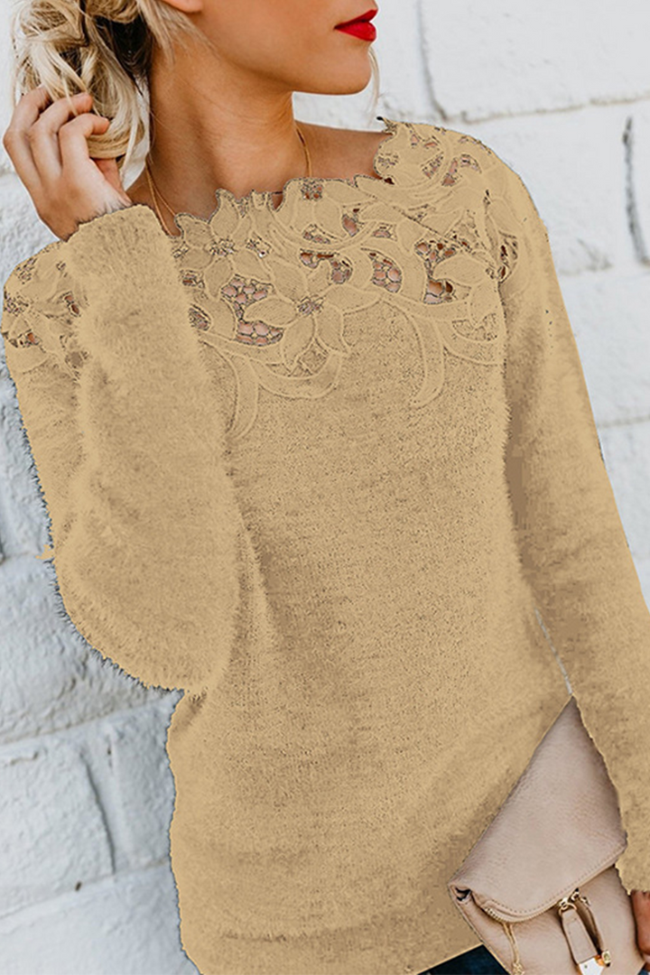 lässiger Spitzen-Ausschnitt langärmeliger Pullover