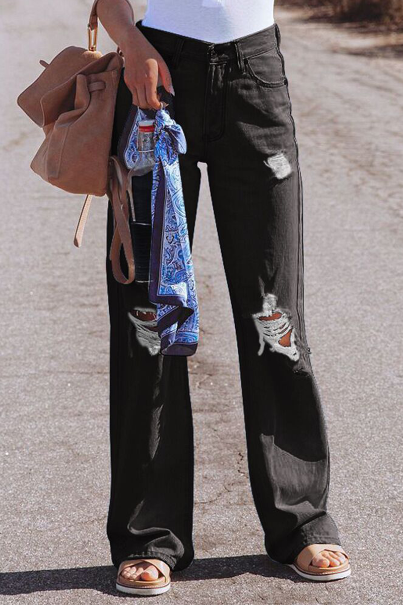 Drune | Street Solid Ripped Make Old Straight Mid Taille Weit Bein Einfarbige Hosen - 3 Farben