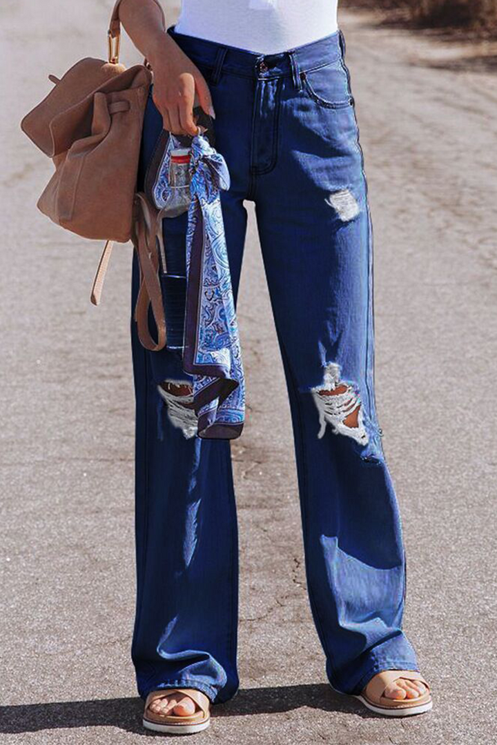 Drune | Street Solid Ripped Make Old Straight Mid Taille Weit Bein Einfarbige Hosen - 3 Farben