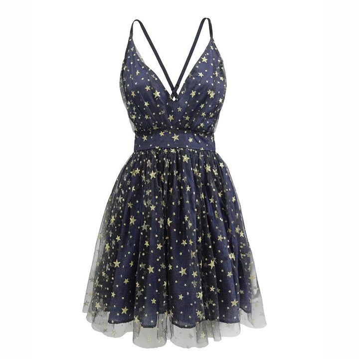 Damen Sommerliches Kleid mit tiefem V-Ausschnitt und filigranem Sternemuster Drune
