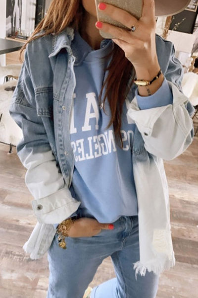 Drune | Zerrissene Alte Umgeschlagene Kragen Lange Ärmel Denim Jacke