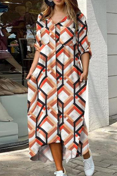 Drune | Lässiges Print-Camouflage-Print-Pailletten-Schnallen-Umschlagkragen-Hemdkleid Kleider