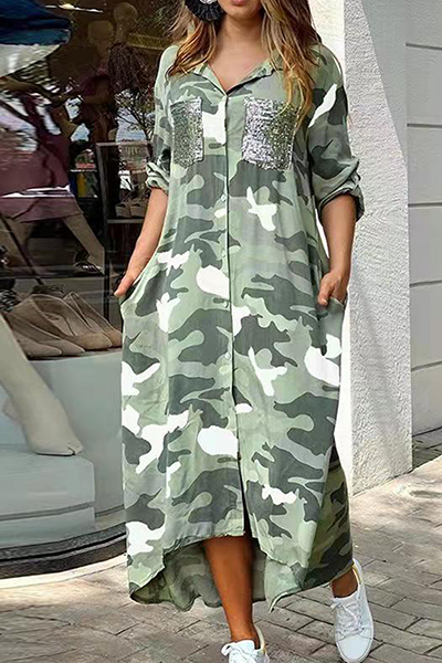 Drune | Lässiges Print-Camouflage-Print-Pailletten-Schnallen-Umschlagkragen-Hemdkleid Kleider