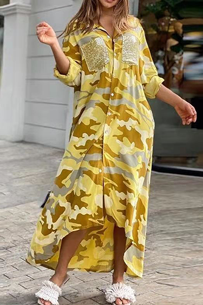 Drune | Lässiges Print-Camouflage-Print-Pailletten-Schnallen-Umschlagkragen-Hemdkleid Kleider
