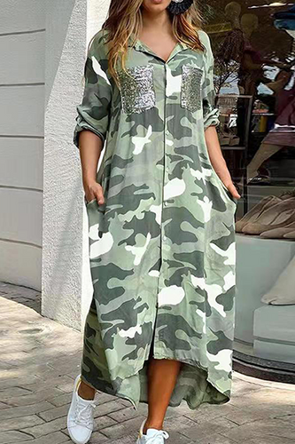 Drune | Lässiges Print-Camouflage-Print-Pailletten-Schnallen-Umschlagkragen-Hemdkleid Kleider