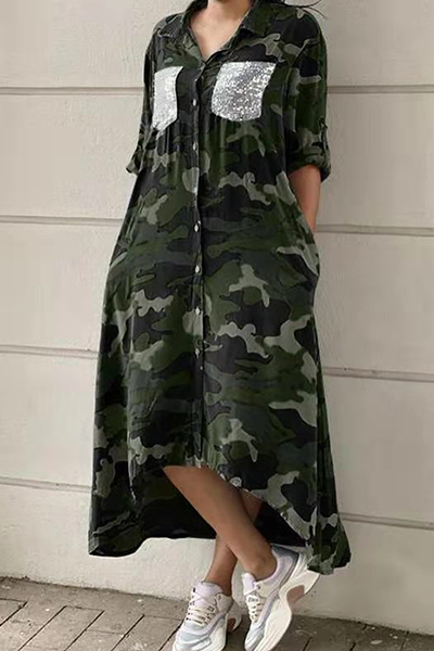 Drune | Lässiges Print-Camouflage-Print-Pailletten-Schnallen-Umschlagkragen-Hemdkleid Kleider