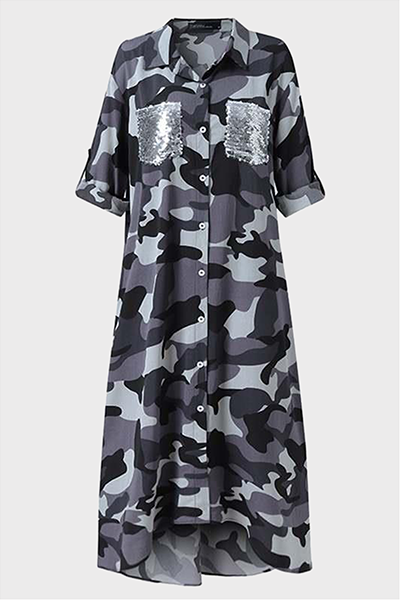 Drune | Lässiges Print-Camouflage-Print-Pailletten-Schnallen-Umschlagkragen-Hemdkleid Kleider