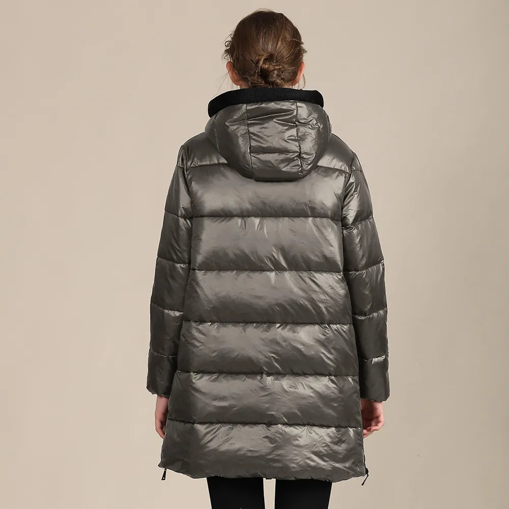 Drune | Wattierte Winterjacke mit Kapuze aus glänzendem Nylon für Damen