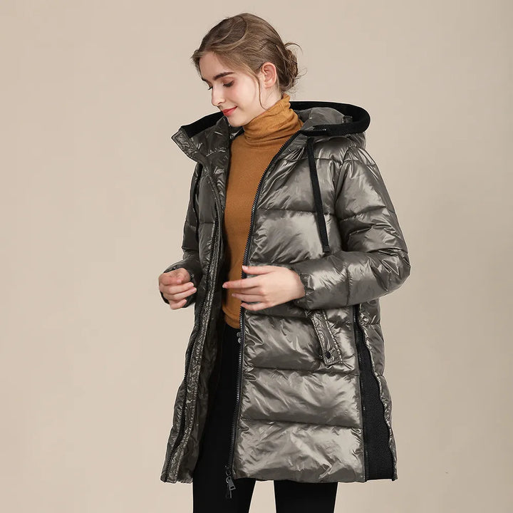 Drune | glänzende, gestepptes Nylon-Winterdoudoune mit Kapuze für Damen