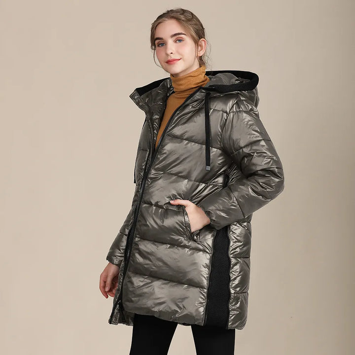 Drune | glänzende, gestepptes Nylon-Winterdoudoune mit Kapuze für Damen