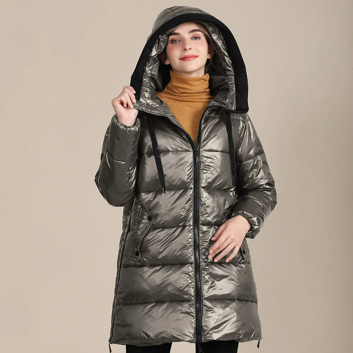 Drune | glänzende, gestepptes Nylon-Winterdoudoune mit Kapuze für Damen