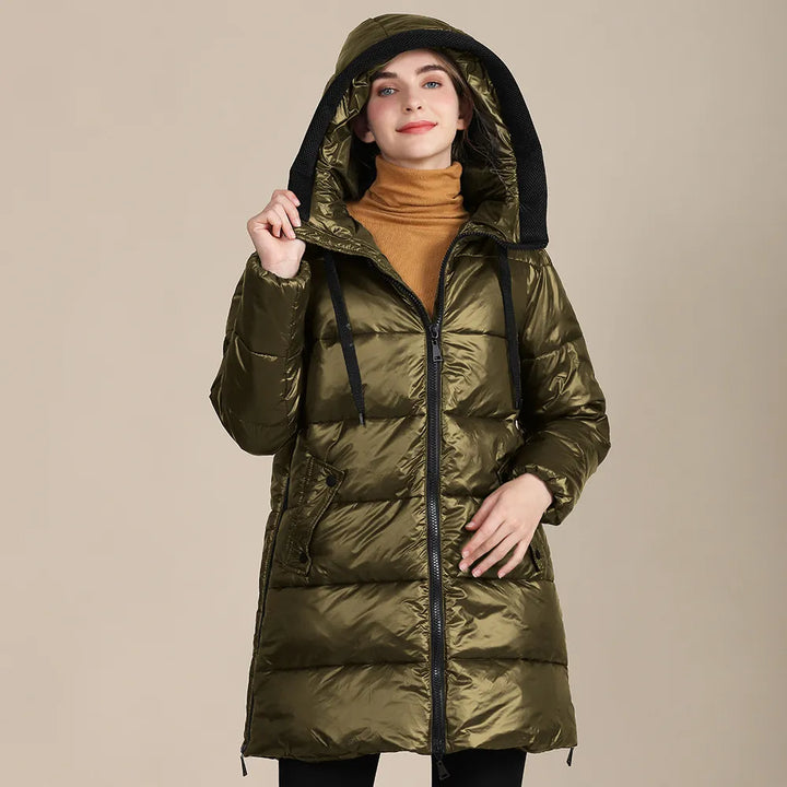Drune | glänzende, gestepptes Nylon-Winterdoudoune mit Kapuze für Damen