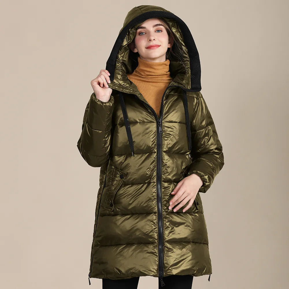 Drune | Wattierte Winterjacke mit Kapuze aus glänzendem Nylon für Damen