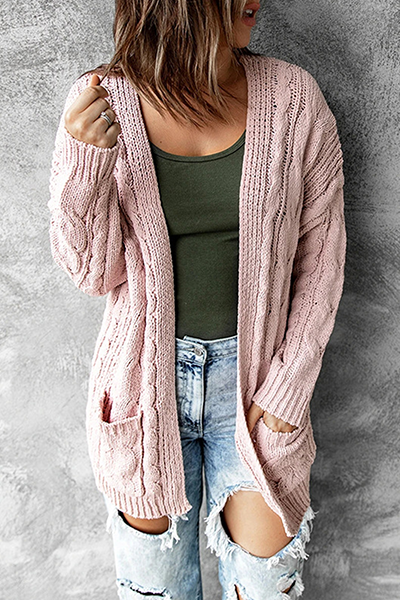 Drune | Strickjacke - Lange offene Vorderseite - Kabelstrick mit Taschen