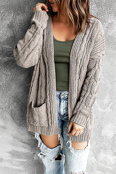 Drune | Strickjacke - Lange offene Vorderseite - Kabelstrick mit Taschen