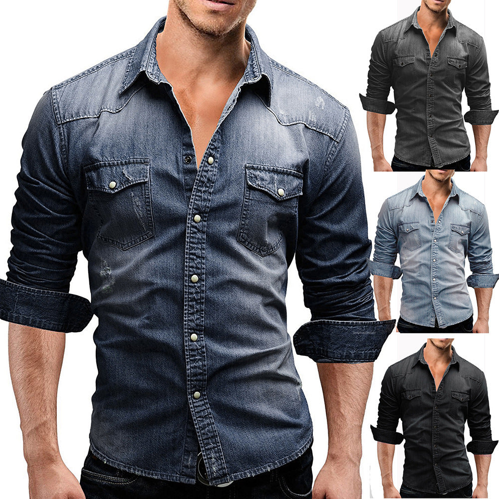 Herren nan locker geschnittenes Jeansstoff-Overshirt mit Pattentaschen und abgerundetem Saum Drune