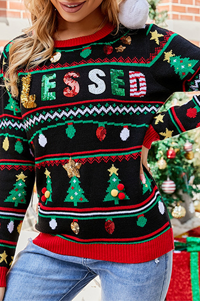 Drune | Lässige Buchstaben Weihnachtsbaum Druck Pailletten Split Joint O Hals Tops