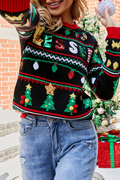 Drune | Lässige Buchstaben Weihnachtsbaum Druck Pailletten Split Joint O Hals Tops