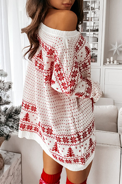Drune | Lässige Wapiti Schneeflocken Weihnachtsbaum Gedruckte Patchwork Kontrast O-Ausschnitt Kleider Pullover