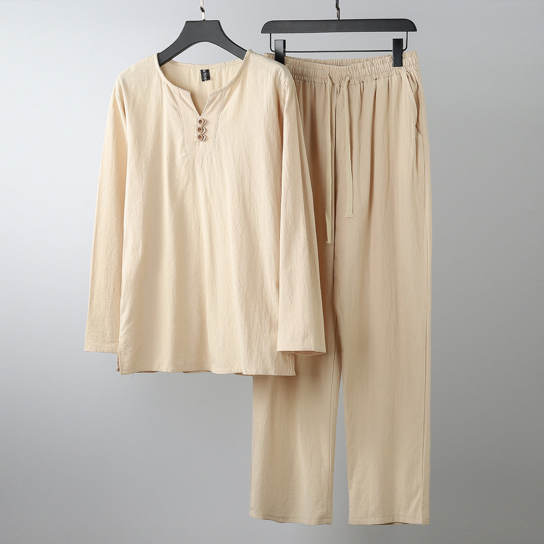 Damen Komfortables Baumwoll-Loungewear-Set mit Henley-Ausschnitt und Kordelbundhose Drune
