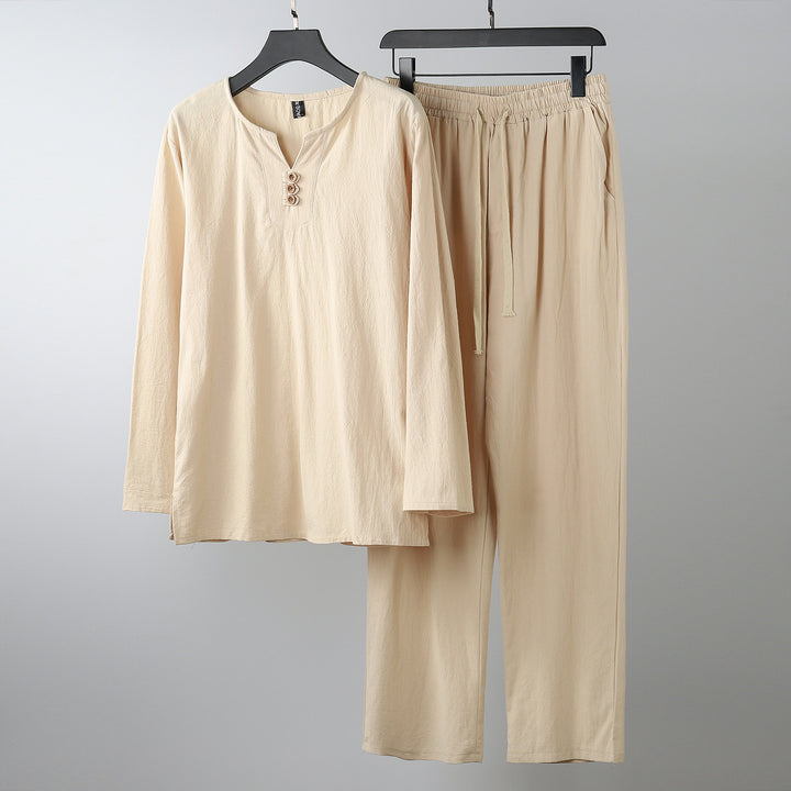 Damen Komfortables Baumwoll-Loungewear-Set mit Henley-Ausschnitt und Kordelbundhose Drune