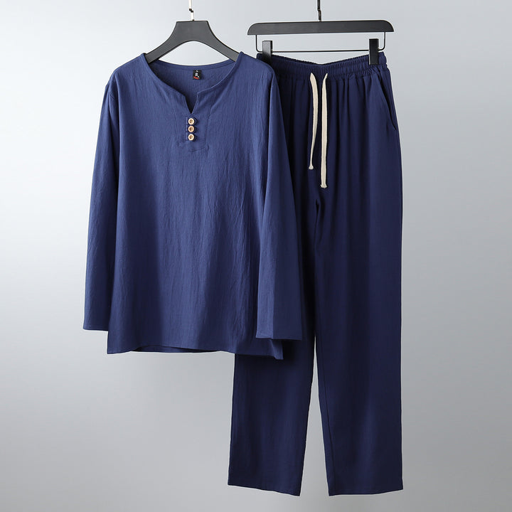 Damen Komfortables Baumwoll-Loungewear-Set mit Henley-Ausschnitt und Kordelbundhose Drune