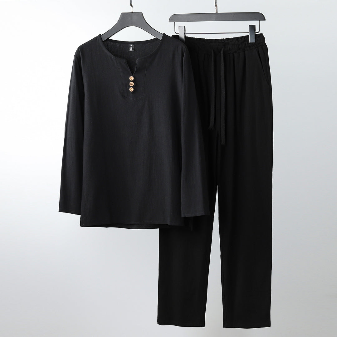 Damen Komfortables Baumwoll-Loungewear-Set mit Henley-Ausschnitt und Kordelbundhose Drune