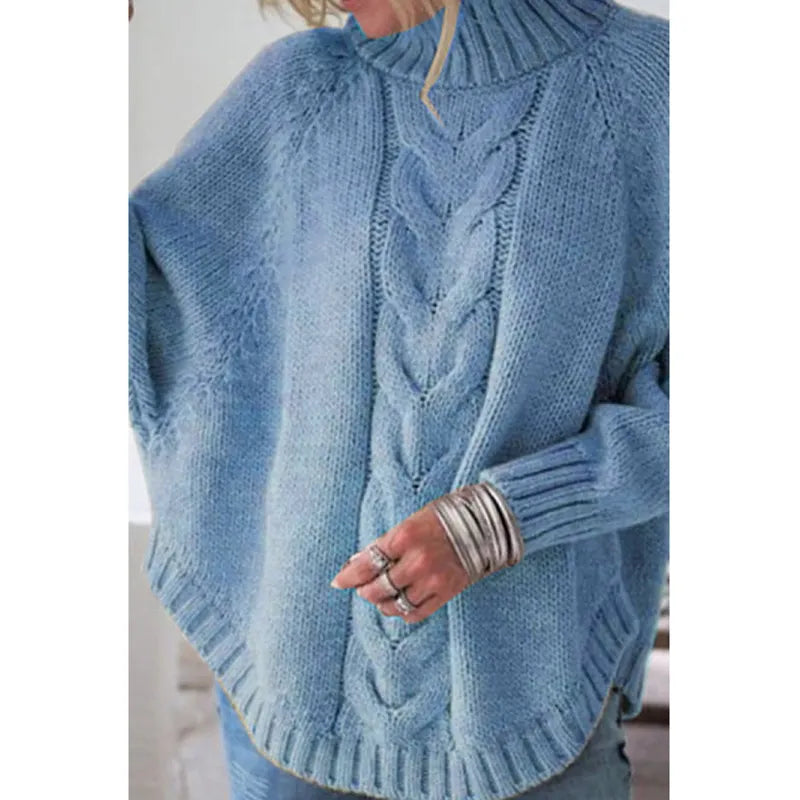 Drune | Strickpullover Zopfmuster Poncho Design Hoher Kragen Übergroß Fit