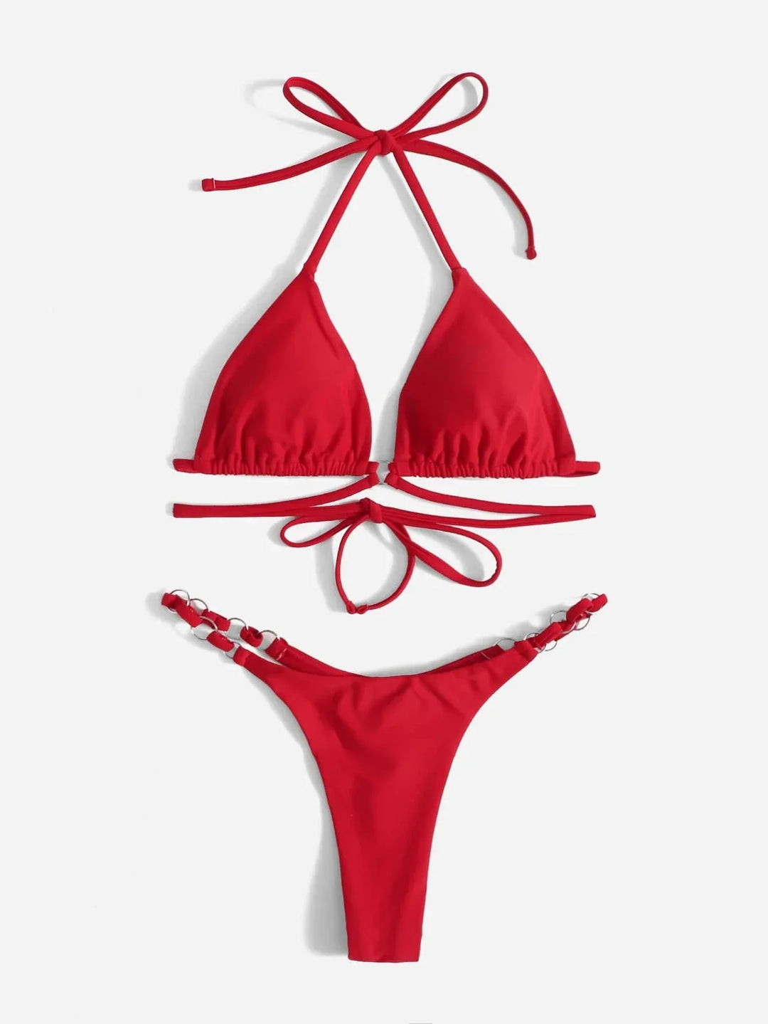 Drune | Roter Halter-Triangle-Bikini mit Ringdetail für Damen