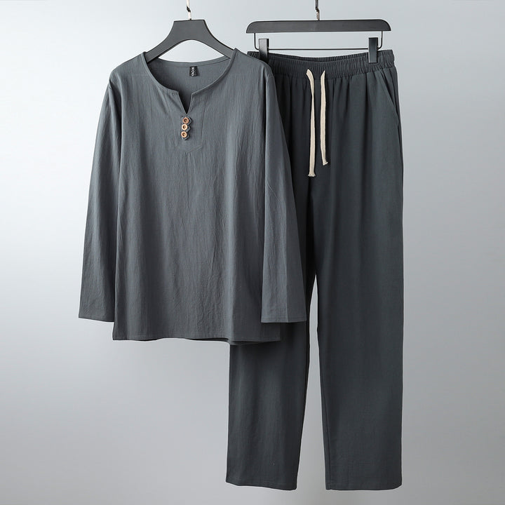 Damen Komfortables Baumwoll-Loungewear-Set mit Henley-Ausschnitt und Kordelbundhose Drune
