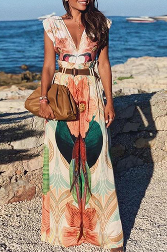 Drune | Lässige Print Patchwork V-Ausschnitt Gerade Jumpsuits