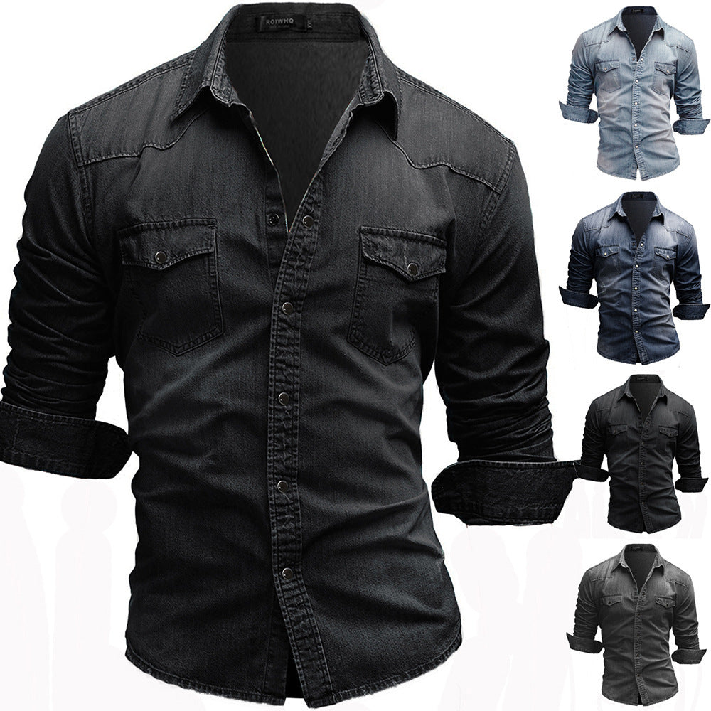 Herren nan locker geschnittenes Jeansstoff-Overshirt mit Pattentaschen und abgerundetem Saum Drune