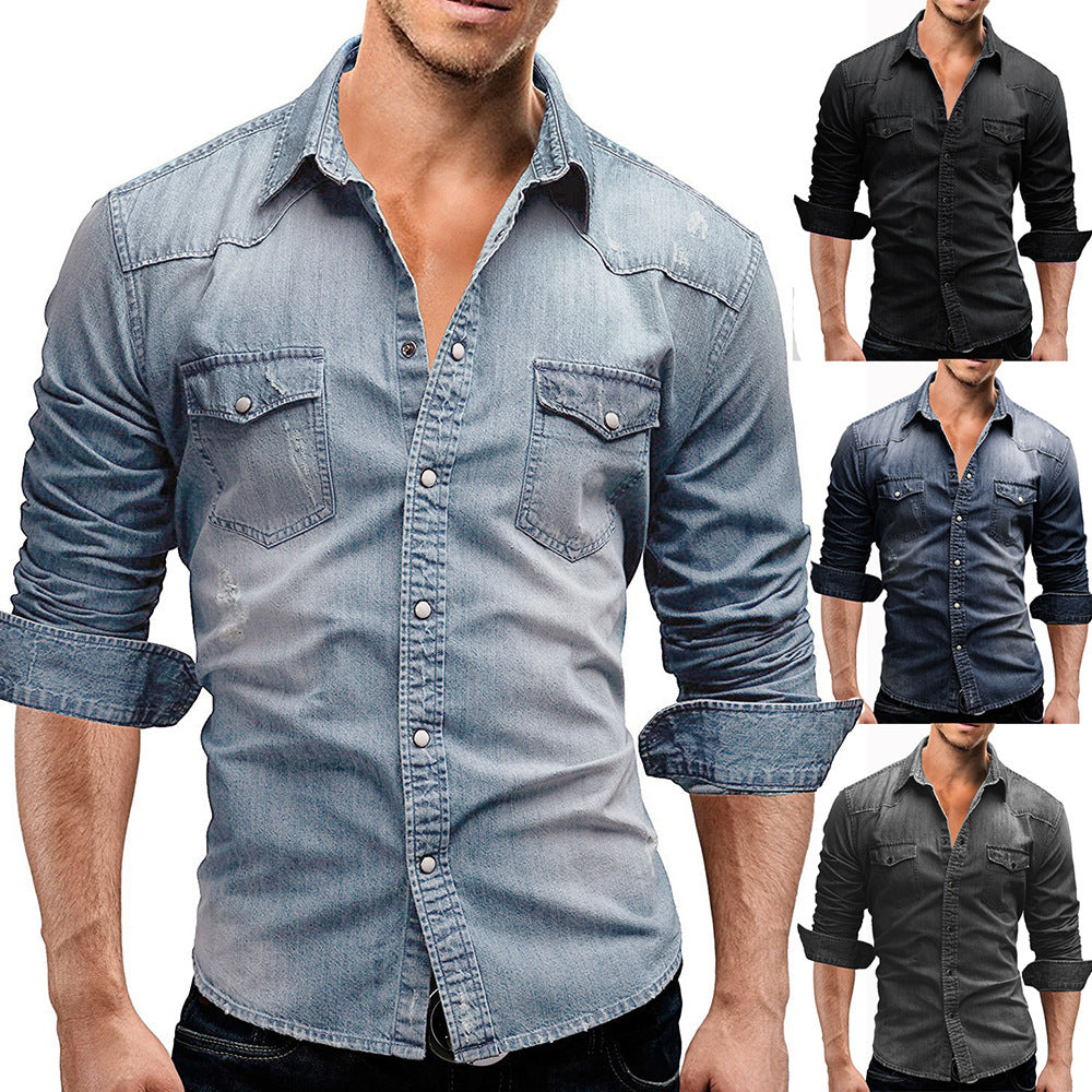 Herren nan locker geschnittenes Jeansstoff-Overshirt mit Pattentaschen und abgerundetem Saum Drune
