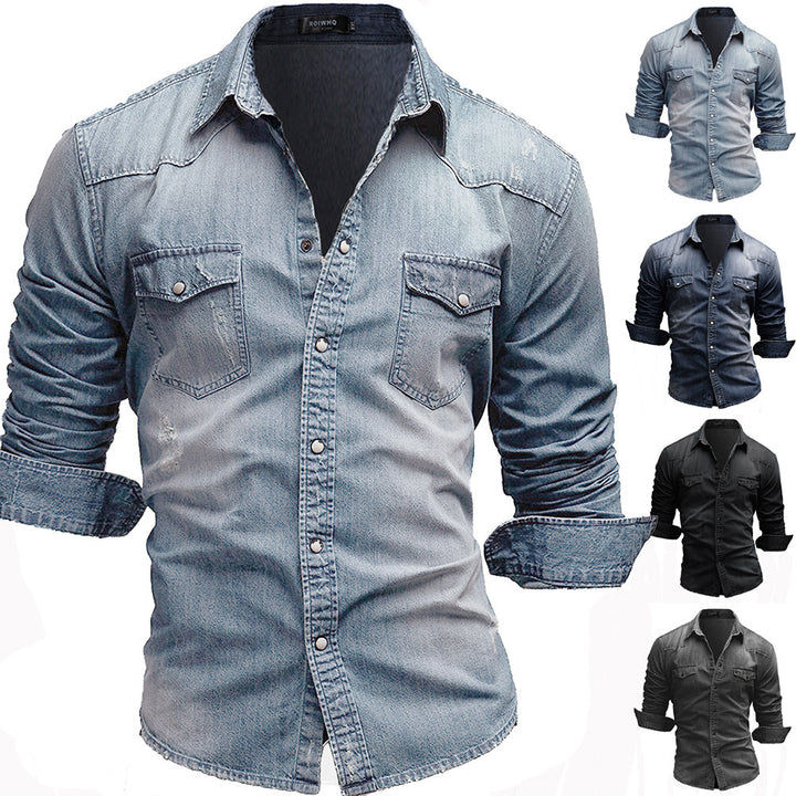 Herren nan locker geschnittenes Jeansstoff-Overshirt mit Pattentaschen und abgerundetem Saum Drune