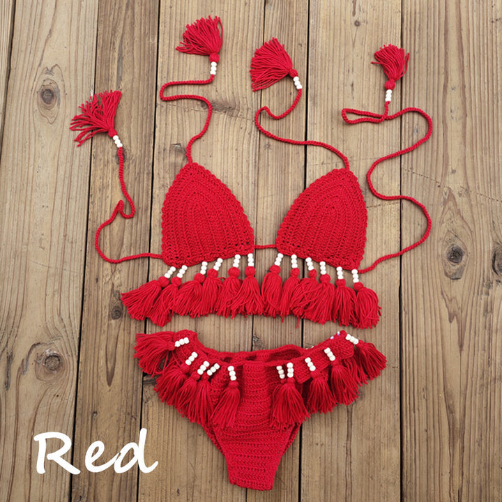 Damen Häkel-Bikini-Set mit fransigen Details und verstellbaren Trägern Drune