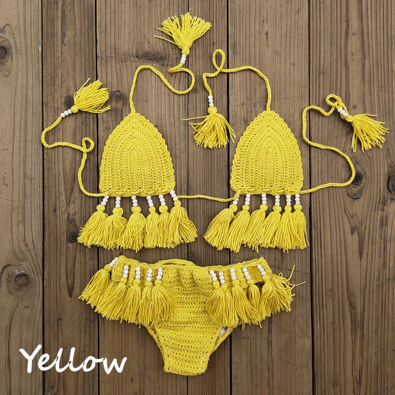 Damen Häkel-Bikini-Set mit fransigen Details und verstellbaren Trägern Drune