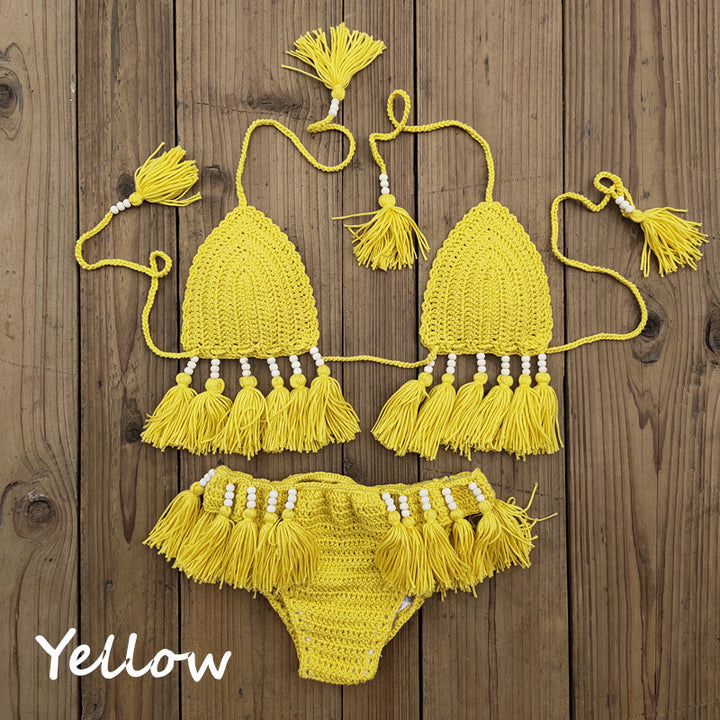 Damen Häkel-Bikini-Set mit fransigen Details und verstellbaren Trägern Drune