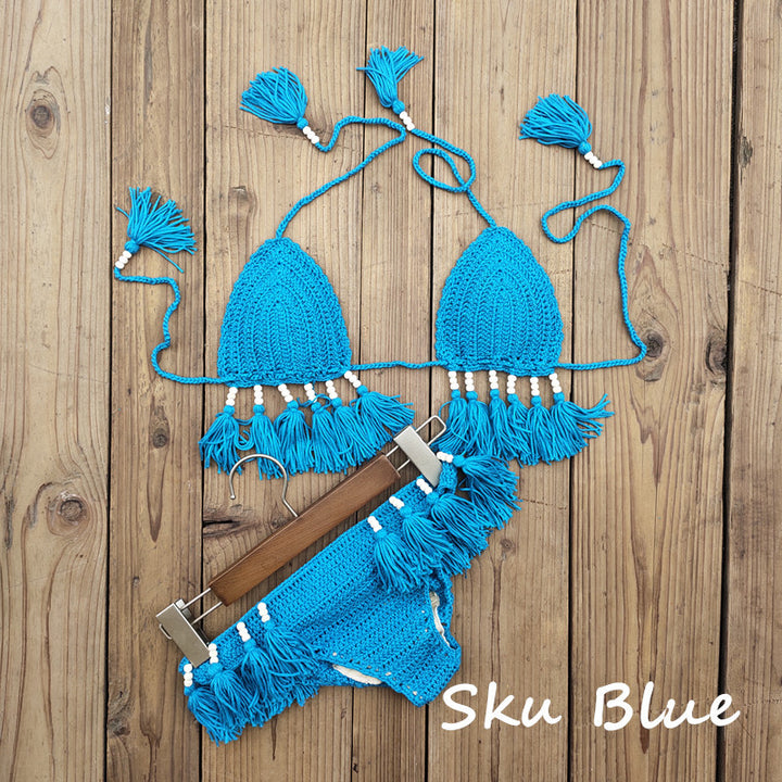Damen Häkel-Bikini-Set mit fransigen Details und verstellbaren Trägern Drune