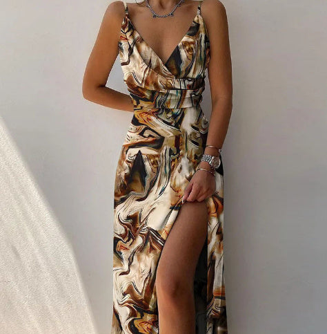 Drune | V-Ausschnitt Midikleid mit Druck und Schlitz