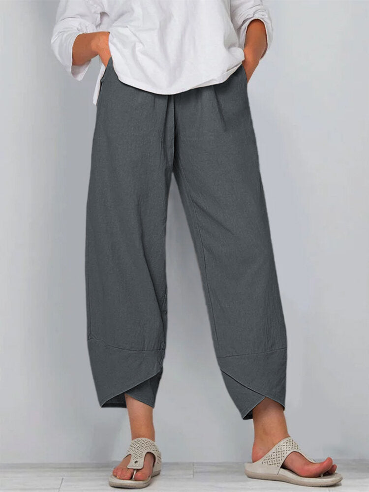 Damen nan weit geschnittene Leinenhose mit Tulpen-Saum und elastischem Bund Drune