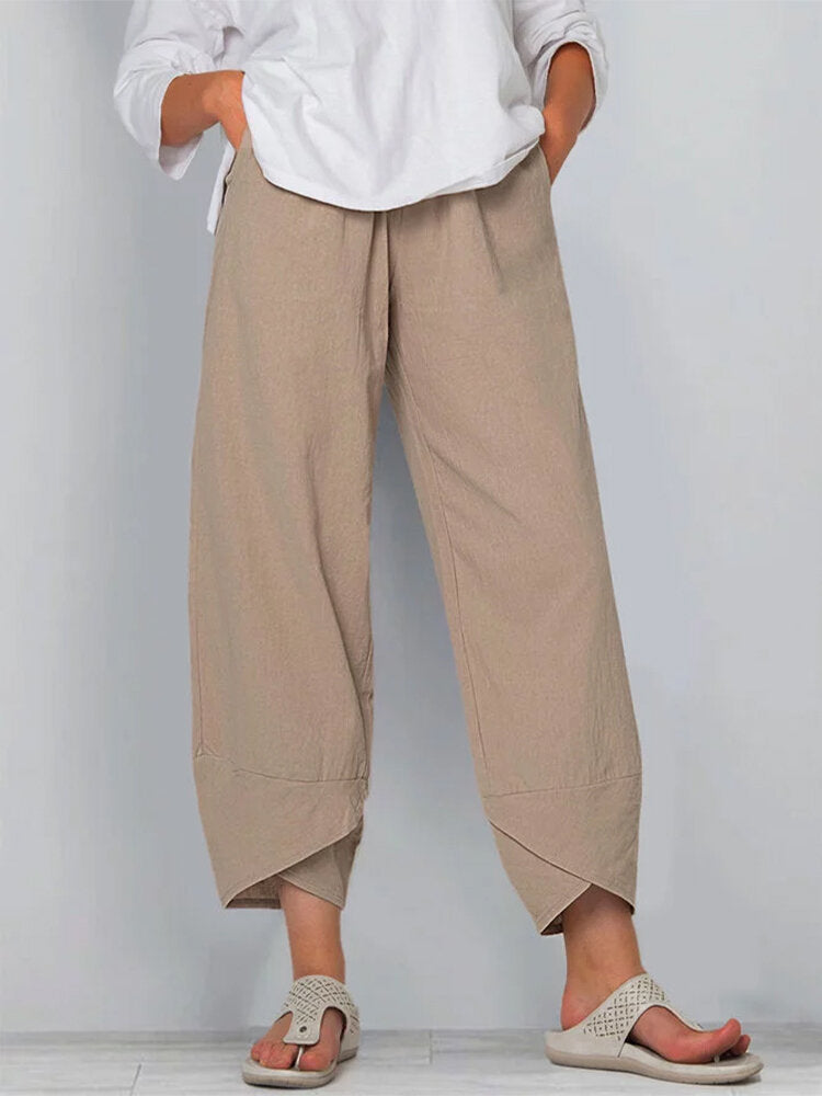 Damen nan weit geschnittene Leinenhose mit Tulpen-Saum und elastischem Bund Drune